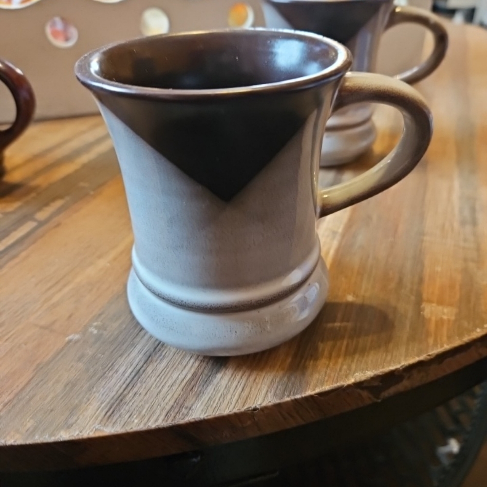 2 Vintage 80s Japanese Stoneware Gray & Brown Abstract Glaze Coffee Mugs 3.5"